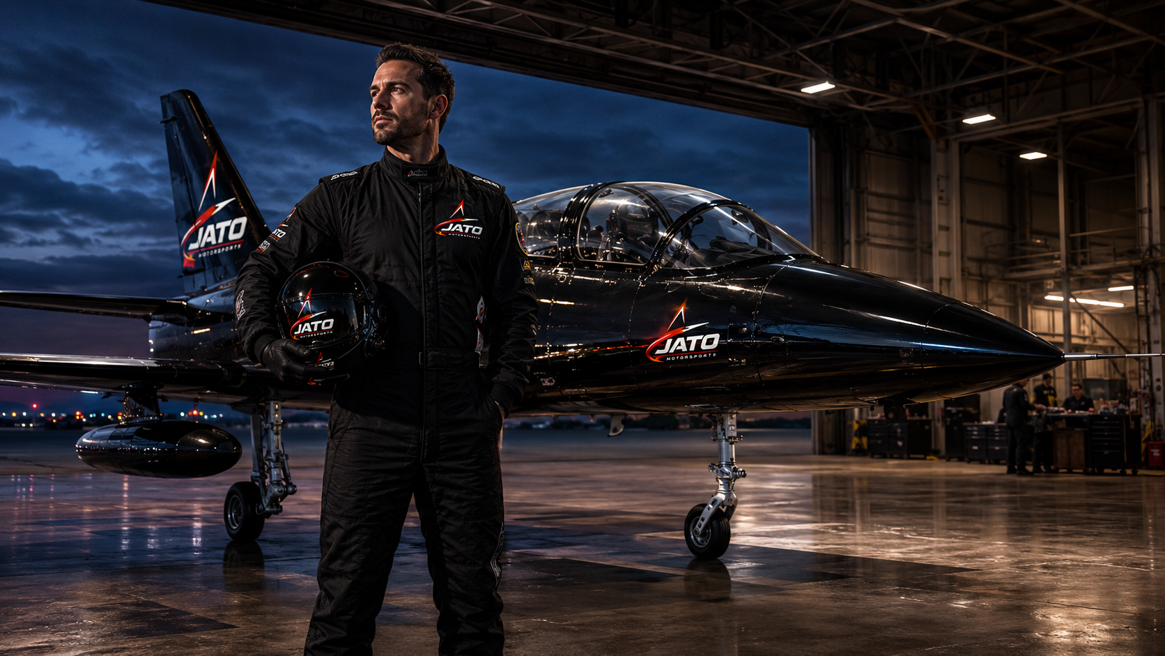 JATO pilot beside a branded L-39 aircraft